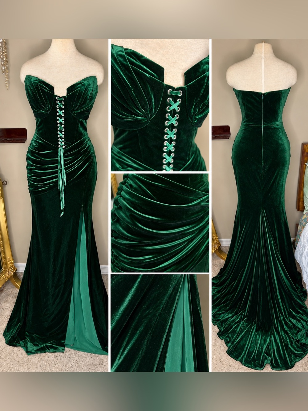 Portia & Scarlett Emerald Green Velvet Corset Gown Gala Wedding Guest Red Carpet